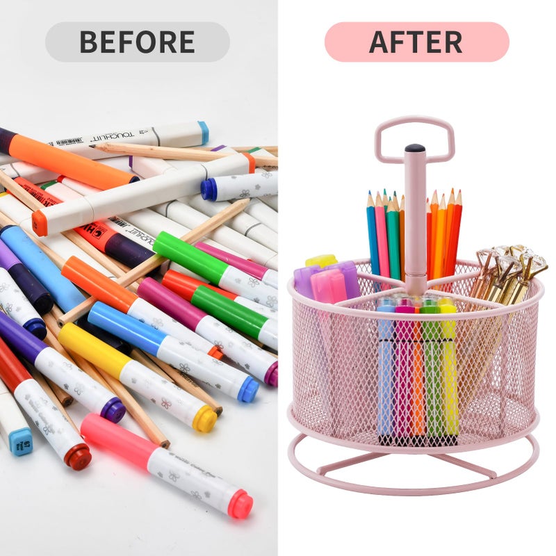 Marbrasse Mesh Desk Organizer  360-Degree Rotating Multi-Functional Pen Holder  4 Compartments Desktop Stationary Organizer  Home Office Art Supply Storage Box Caddy (Pink) - Image 5